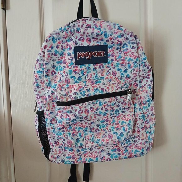 Pink, purple, and blue leopard print Jansport backpack - Picture 1 of 8